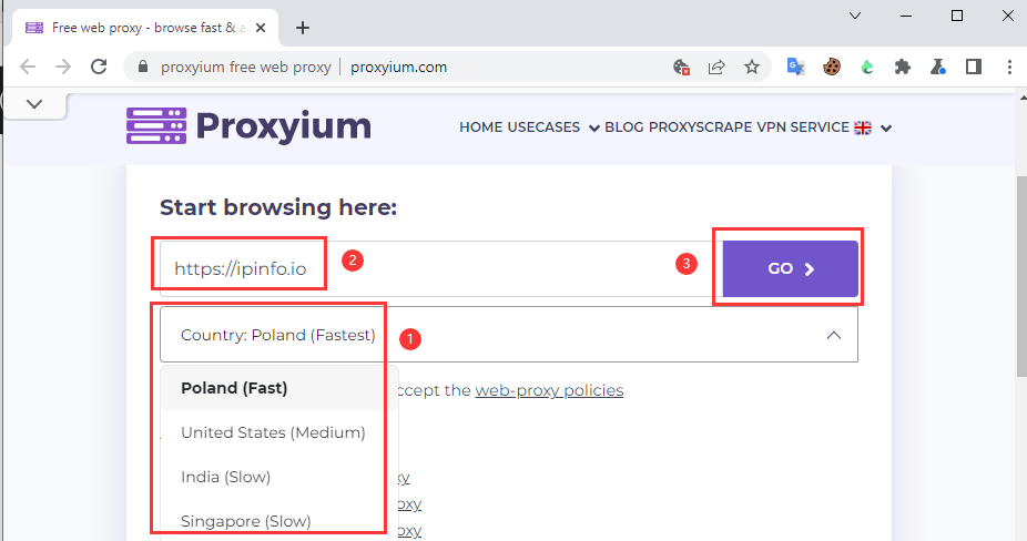 Usar proxy da web gratuito Proxyium
